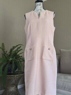 Karl Lagerfeld Pink Tweed Dress Womens Size 8 Pearl Button Details Gold Zipper